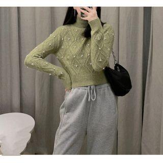 Stand-collar Faux Pearl Cropped Knit Top