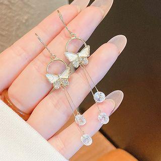 Butterfly Rhinestone Fringed Earring 01# - 1 Pair - White & Gold - One Size