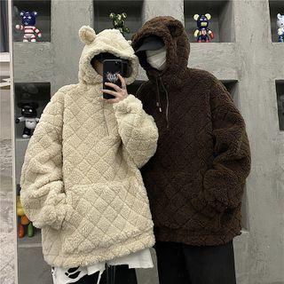 Half-zip Bear Ear Accent Fleece Hoodie