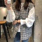 Lantern-sleeve Blouse / V-neck Plaid Vest