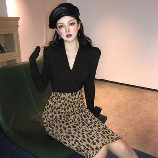 Long-sleeve T-shirt / Leopard Print Pencil Skirt