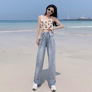 Flower Embroidery Knit Vest / High-waist Wide Leg Jeans