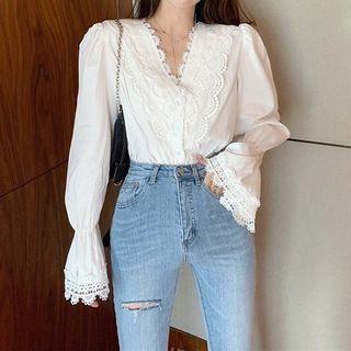 Long-sleeve Lace Panel Top White - One Size