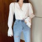 Long-sleeve Lace Panel Top White - One Size