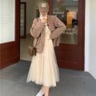 Fluffy Buttoned Jacket / Mesh Overlay Skirt