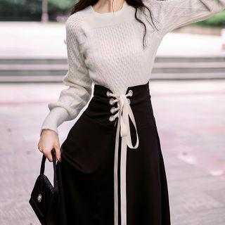 Set: Plain Knit Top + Lace-up Midi Skirt