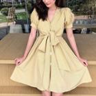 Tie-accent Puff-sleeve Dress Yellow - One Size