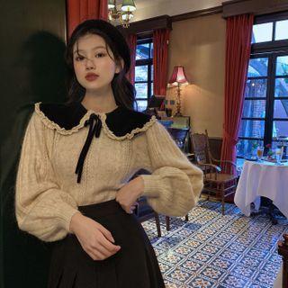 Two Tone Doll-collar Sweater White - One Size