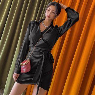Tie-waist Satin Mini Wrap Dress