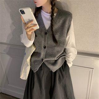 Button-up Sweater Vest / Long-sleeve Lettering T-shirt / Midi A-line Skirt