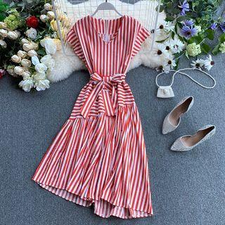 Cap-sleeve Striped A-line Midi Dress