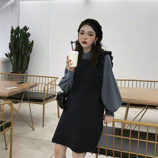 Set: Lantern-sleeve Blouse + Ruffle Trim Knit Jumper Dress