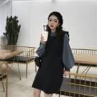 Set: Lantern-sleeve Blouse + Ruffle Trim Knit Jumper Dress
