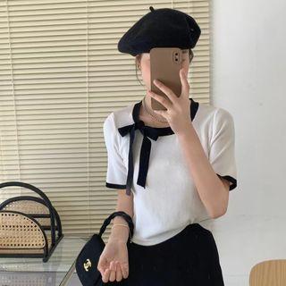 Strap Bow Short-sleeve Knit Top