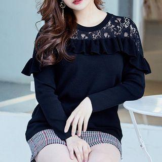 Lace Panel Ruffle Trim Sweater