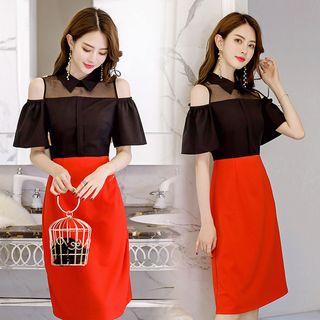 Cold Shoulder Short-sleeve Midi Dress Black & Red - 2xl