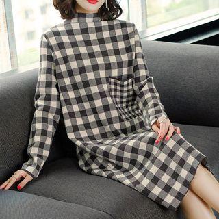 Check Long-sleeve Midi Knit Dress