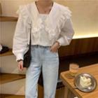 Long-sleeve Collared Plain Blouse White - One Size