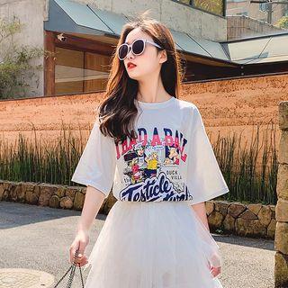 Set: Cartoon Short-sleeve T-shirt + Tiered Midi Skirt