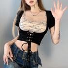 Short Sleeve Letter Print Lace-up Crop Corset Top