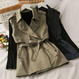 Set: Long-sleeve Plain T-shirt + Dress Vest With Sash