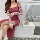 Striped Slim-fit Cardigan / Plain Sleeveless Dress