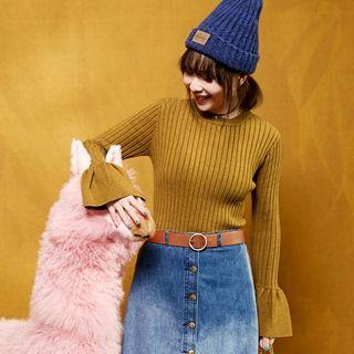 Puff-sleeve Plain Knit Top