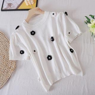 Round-neck Flower-accent Knit Short-sleeve Top White - One Size