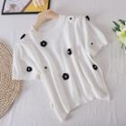 Round-neck Flower-accent Knit Short-sleeve Top White - One Size