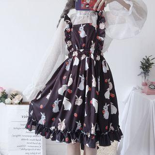 Long-sleeve Sheer Chiffon Top / Rabbit Print Pinafore Dress