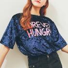 Lettering Short Sleeve Velvet T-shirt