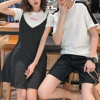 Couple Matching Contrast Trim Short-sleeve T-shirt / Shorts / Set: Short-sleeve T-shirt + Strappy A-line Dress