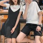 Couple Matching Contrast Trim Short-sleeve T-shirt / Shorts / Set: Short-sleeve T-shirt + Strappy A-line Dress