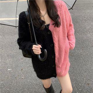 Colorblock Loose Cardigan Black + Pink - One Size