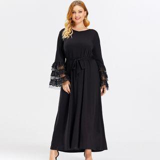 Plus Size Long-sleeve Lace Panel Midi A-line Dress