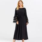 Plus Size Long-sleeve Lace Panel Midi A-line Dress