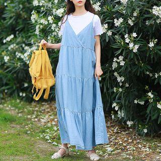 Tiered Spaghetti Strap Denim Maxi Dress
