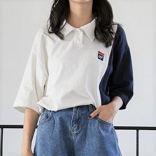 Elbow-sleeve Paneled Polo Shirt White & Blue - One Size