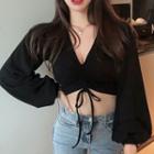 Bishop-sleeve Drawstring Crop Top Black - One Size