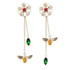 925 Sterling Silver Non-matching Rhinestone Flower & Bee Fringed Earring