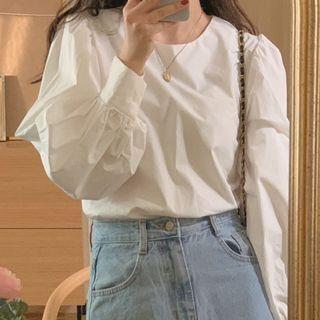 Puff Long-sleeve Round Neck Plain Loose Fit Blouse
