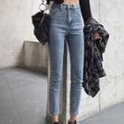 High-waist Plain Elastic Slim Fit Ankle-length Pants