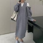 Zip-accent Midi V-neck Sweater Dress Gray - One Size