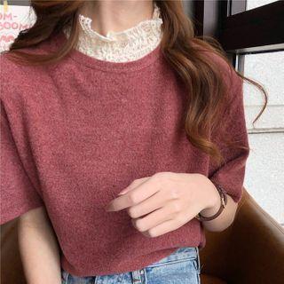 Lace Trim Mock Turtleneck Short-sleeve T-shirt