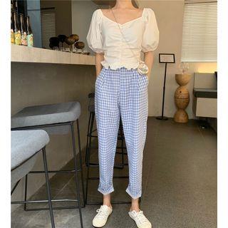 Puff-sleeve Slim-fit Blouse / Check Cropped Pants