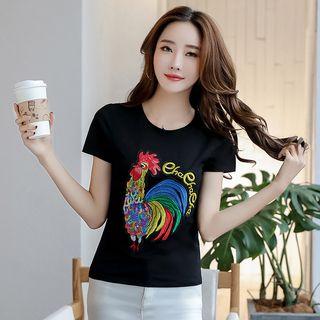 Chicken Sequined Short Sleeve T-shirt