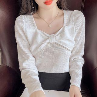 Long-sleeve Beaded Bow Top