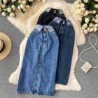 Color Block Slit Denim Skirt