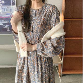 Half-placket Floral Print Dress Blue - One Size