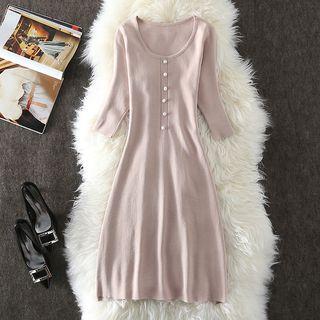 Elbow-sleeve Embellished Midi Knit A-line Dress